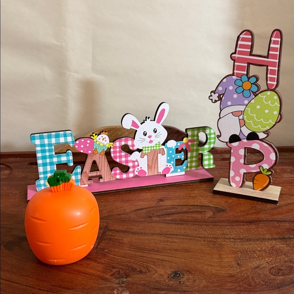 Easter Party Theme decoration 3 PC bundle Bunny & Gnome Sign Bunny Squeezed Toy